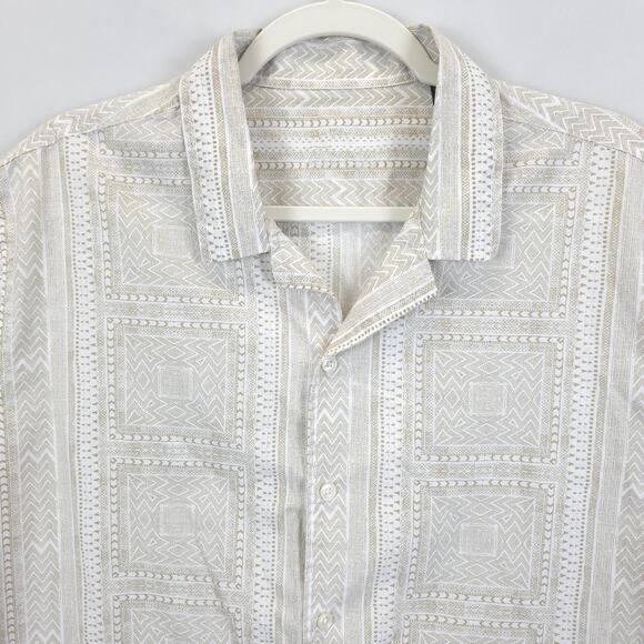 Macy's Camp Button Up Shirt Men XL Short Sleeve Printed Tan White Causal Office - Picture 10 of 10